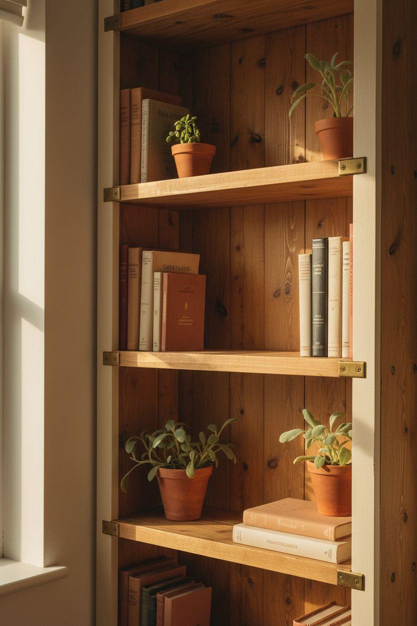 Corner bookshelf - budget reclaimed pine with vintage books