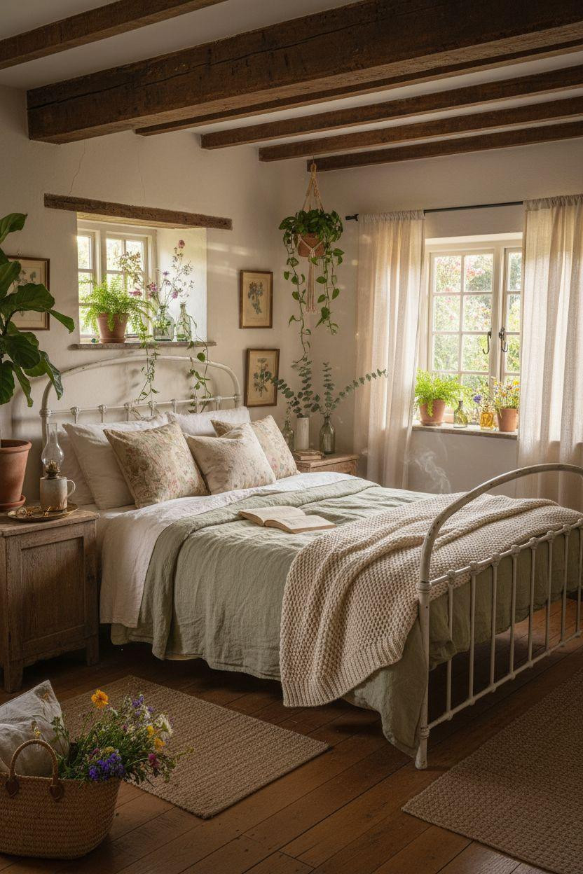 Cottage Bedroom - greenery-filled cottage with ferns and pothos