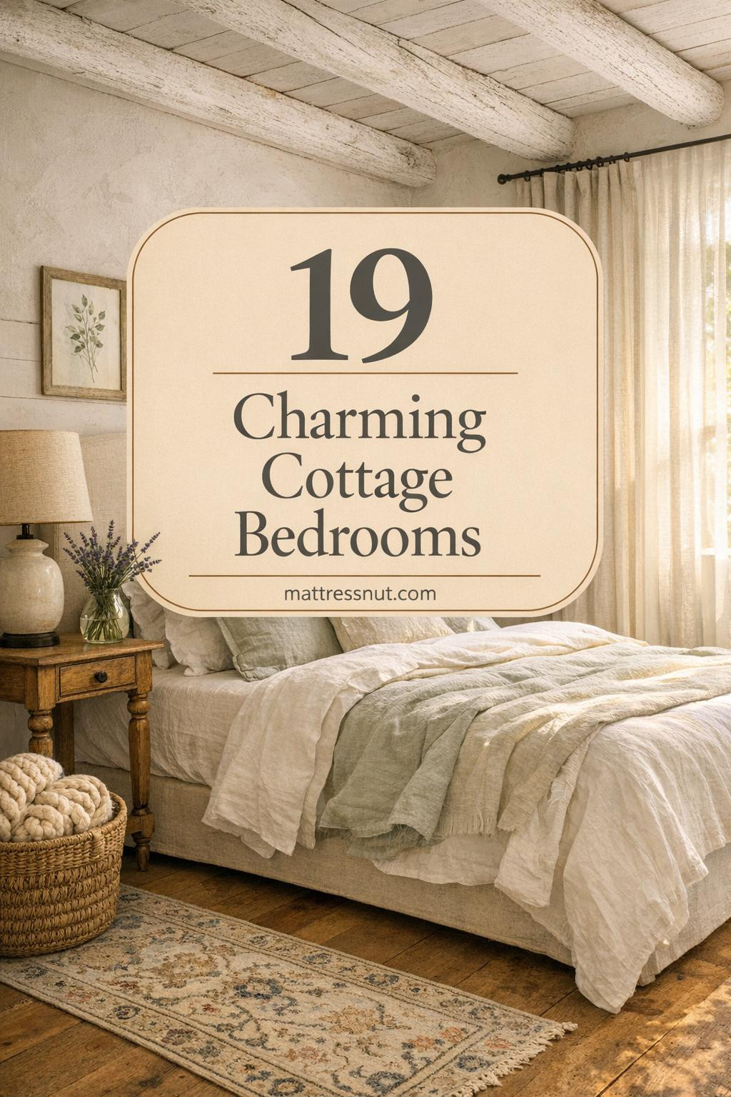 Cozy cottage bedroom with white plaster walls, exposed ceiling beams, cream upholstered headboard, layered white and pale sage bedding, vintage oak nightstand holding ceramic lamp and fresh lavender stems. Warm morning light filters through Belgian linen curtains, faded Persian runner beside bed, botanical prints in wood frames.