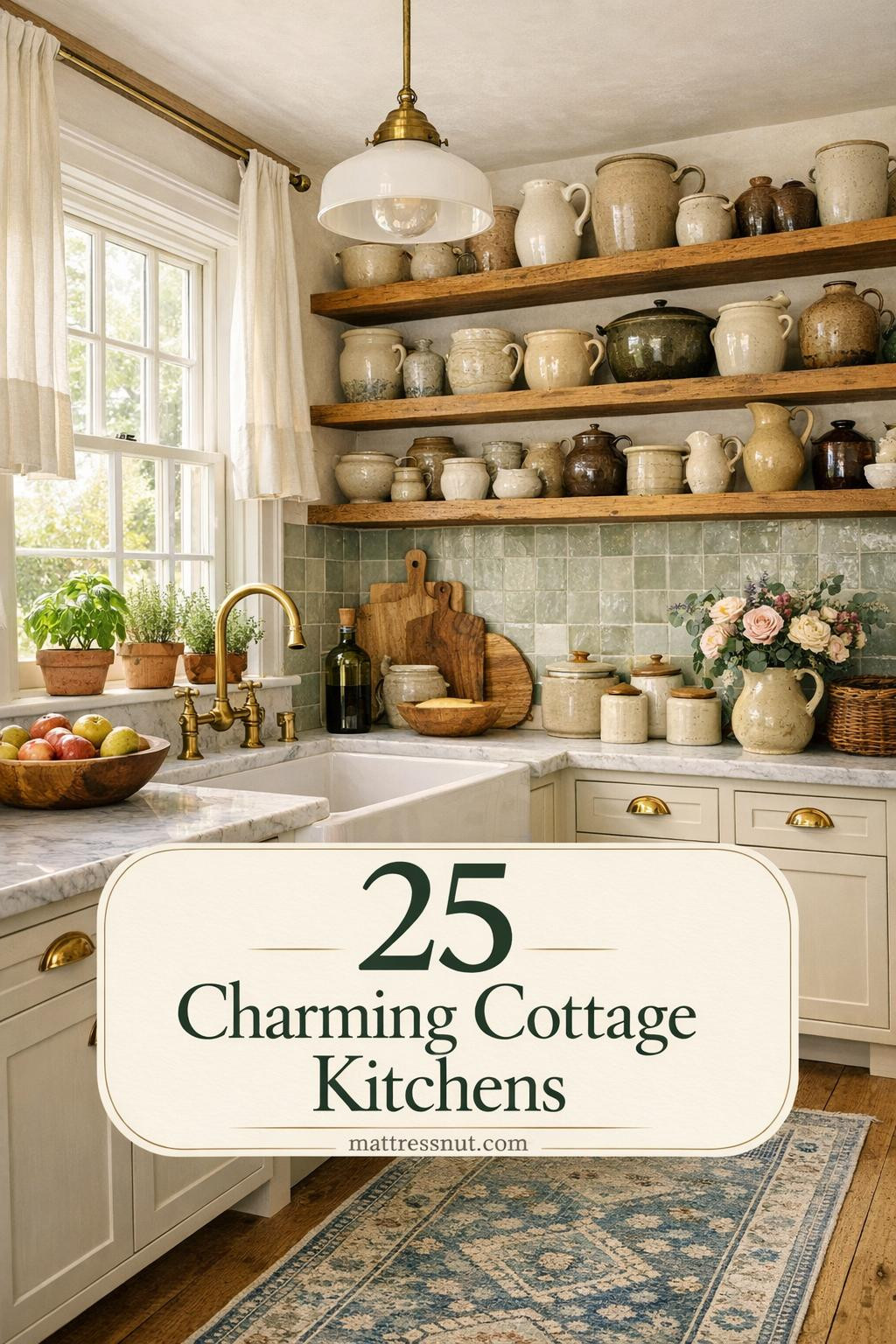 Charming cottage kitchen with reclaimed oak shelving displaying vintage stoneware and pottery, cream shaker cabinets with brass pulls, honed Carrara marble counters, farmhouse sink, sage green zellige backsplash, wide-plank oak floors, and natural light filtering through multipane windows with fresh herbs and seasonal fruit.
