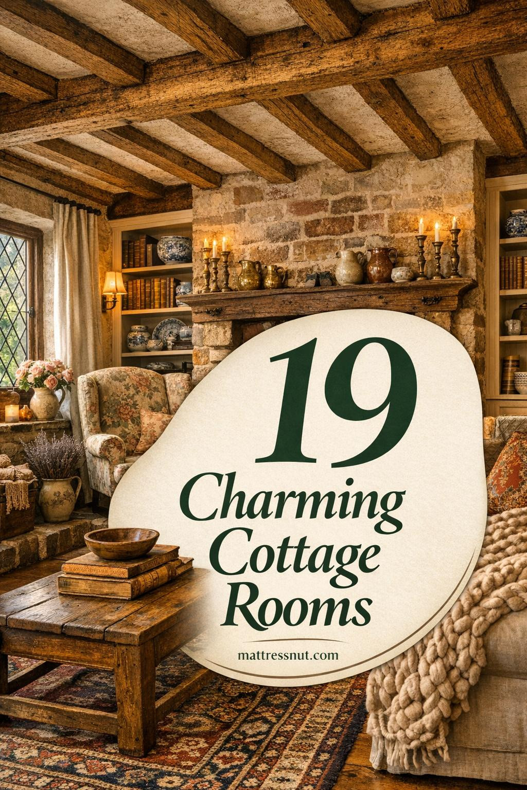 Charming English cottage living room with exposed oak ceiling beams, stone fireplace, upholstered wingback armchair, layered Persian rugs, leaded glass windows, and built-in shelving. Soft morning light filters through, highlighting textured plaster walls and vintage decor.