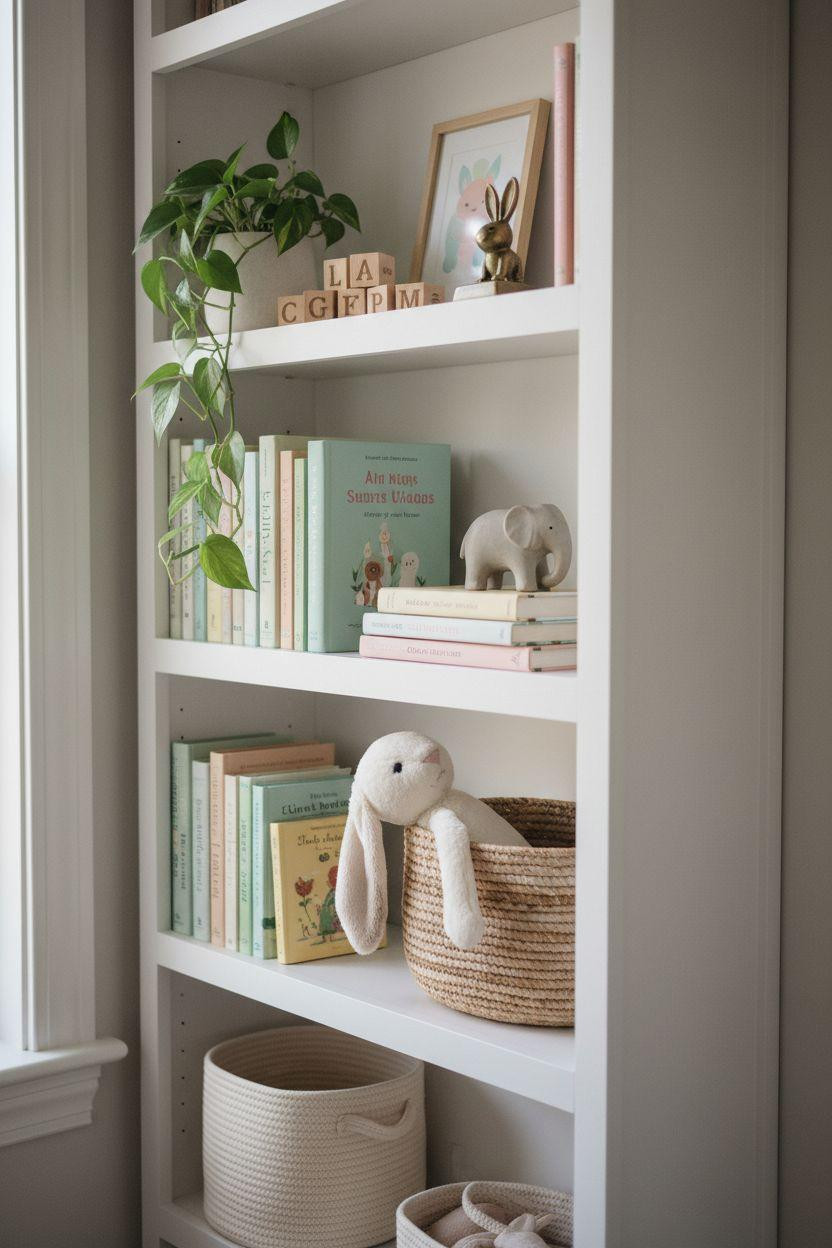 Nursery Bookshelf with pastel books and plush toys