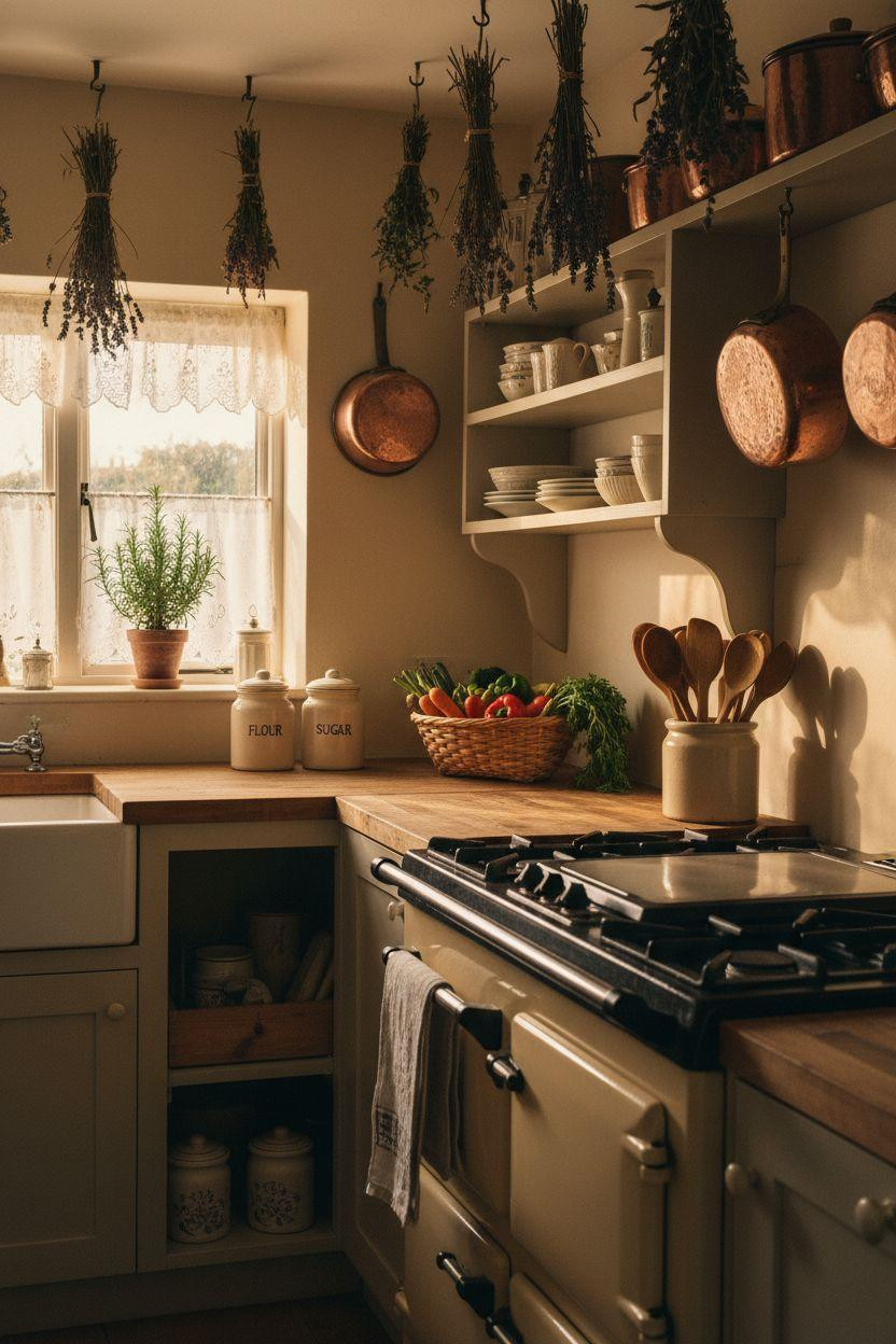 Tiny cottage kitchen with vintage cream stove and hanging herbs