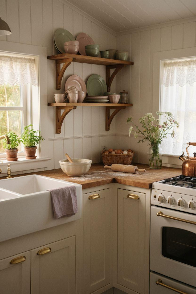 Tiny Farmhouse Kitchen with pastel accents