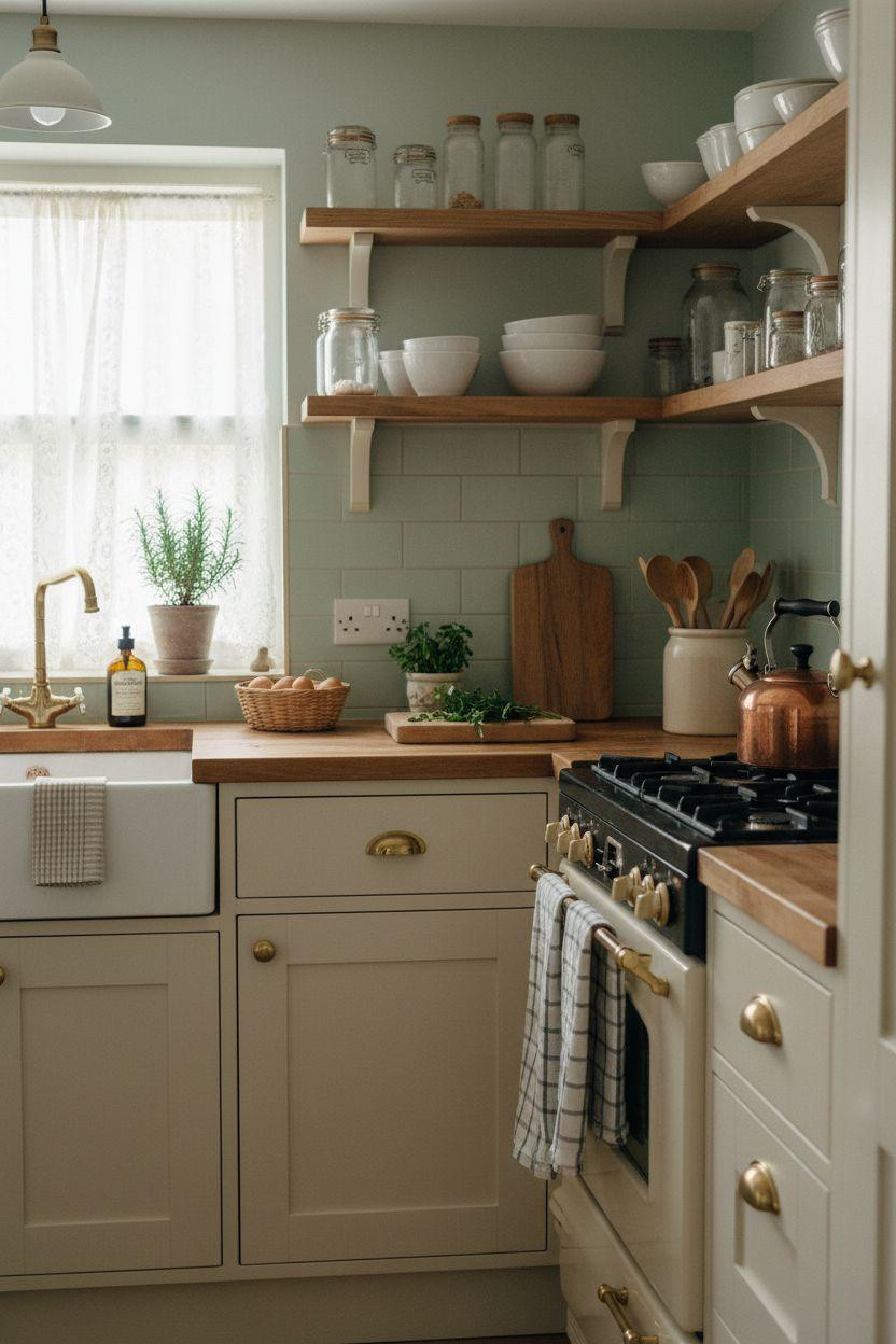 Tiny cottage kitchen with pastel mint tiles and butcher block