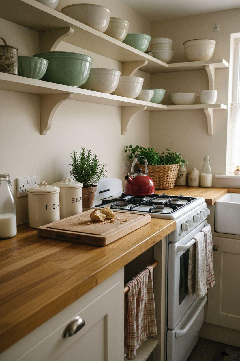 Tiny cottage kitchen with butcher block and retro mint enamelware