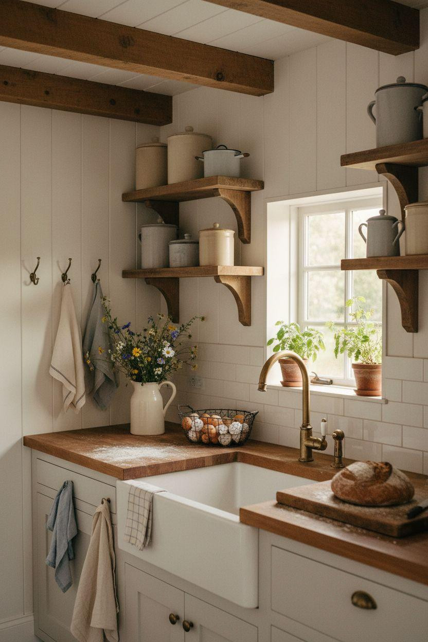 Tiny Farmhouse Kitchen with shiplap walls and rustic shelving