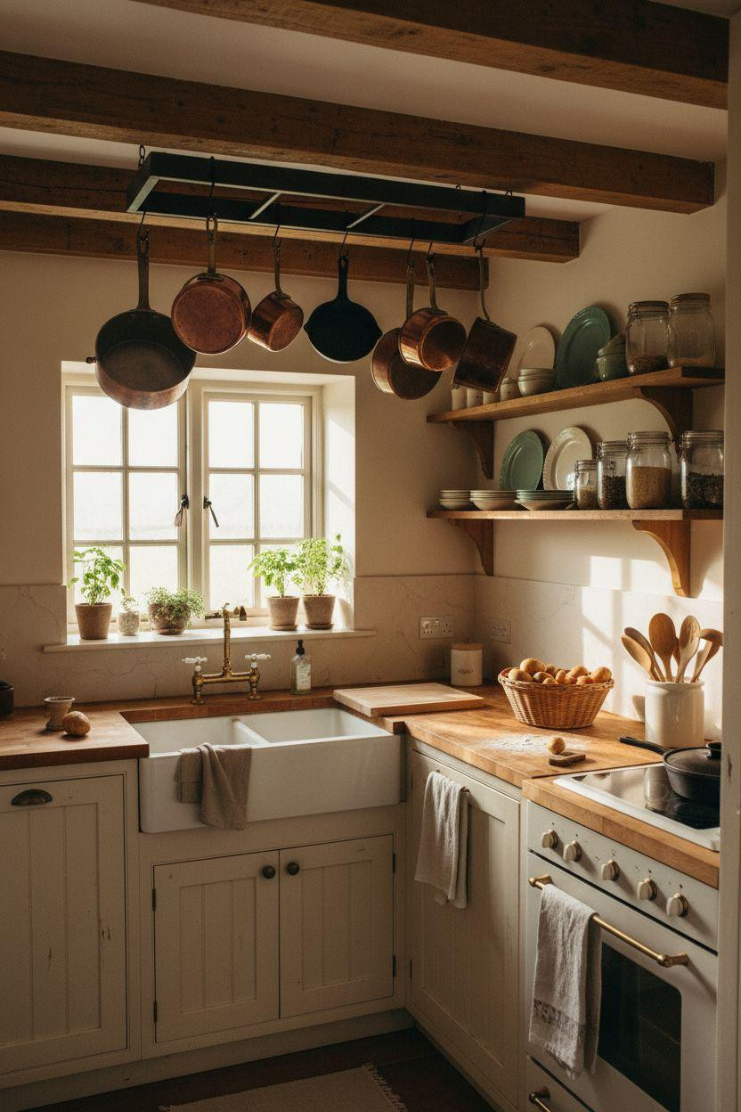 Tiny farmhouse kitchen with exposed rafters and hanging copper pots