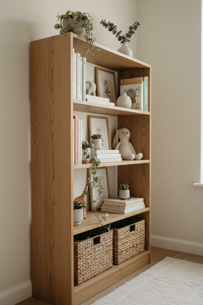 Nursery Bookshelf with natural oak and woodland decor