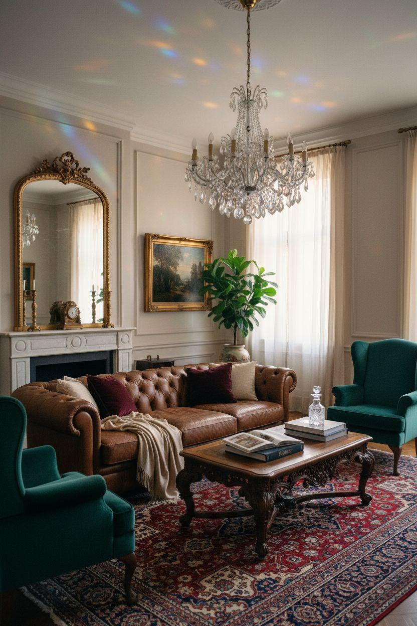 Classic furniture living room with cognac Chesterfield and crystal chandelier