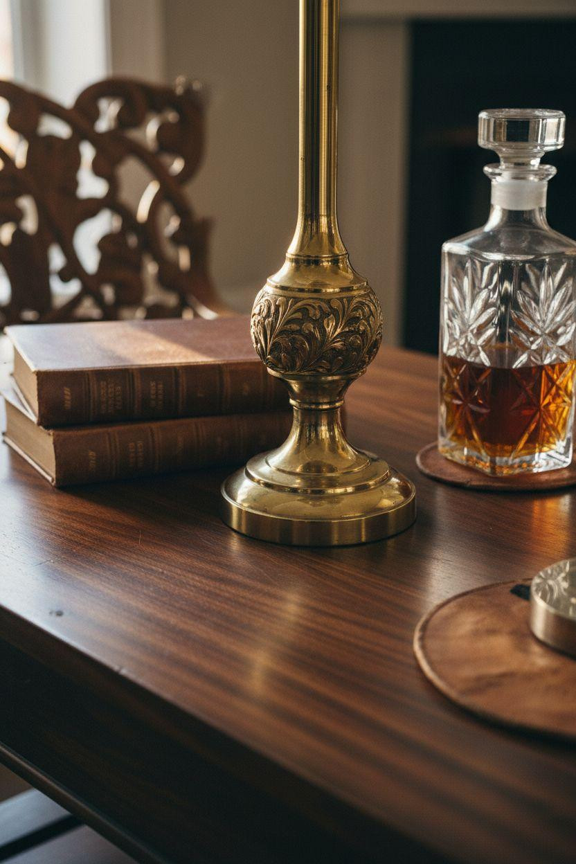 Classic furniture living room detail of walnut table with brass accents