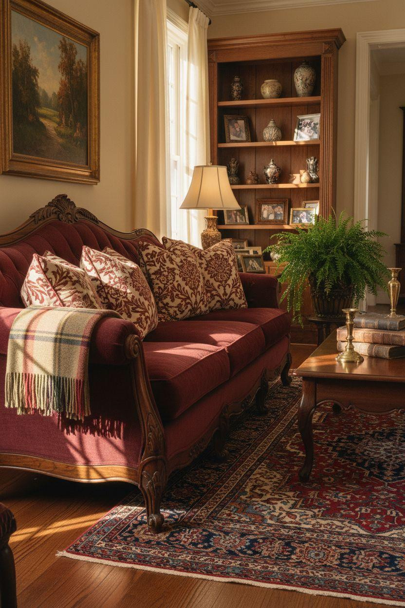 Classic furniture living room with burgundy velvet sofa and mahogany details