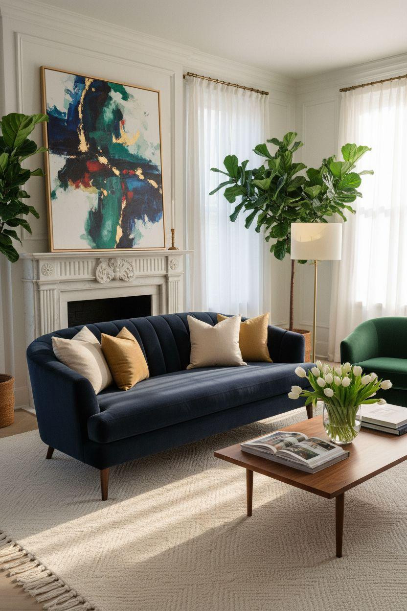 Classic furniture living room with navy sofa and emerald accent chair