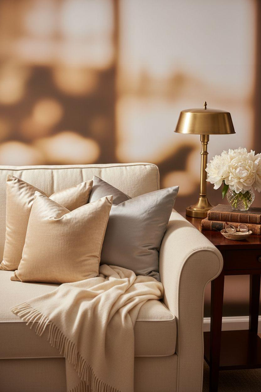 Classic furniture living room closeup of sofa corner with luxe textiles