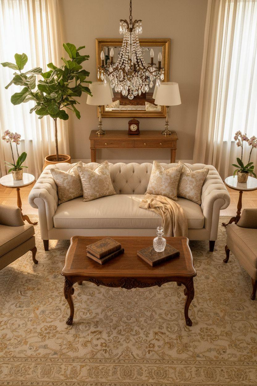 Classic furniture living room with ivory Chesterfield and neutral palette
