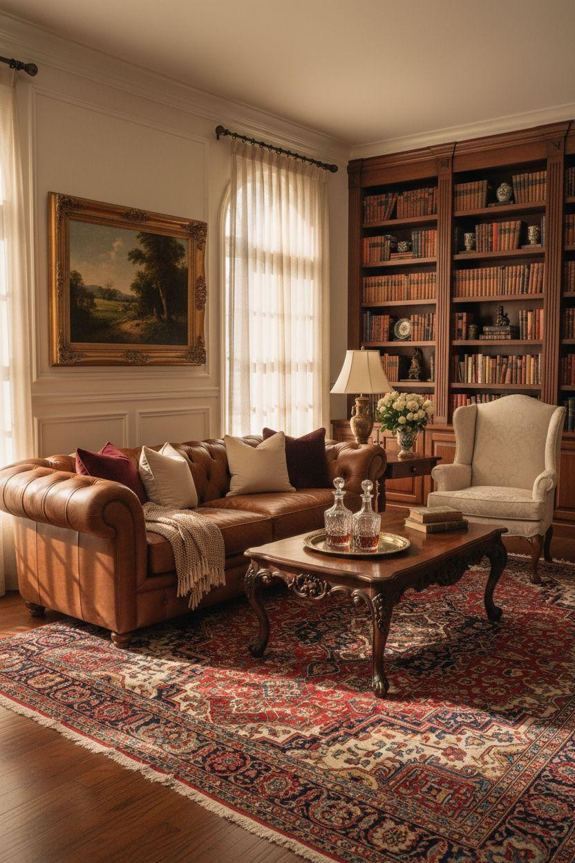 Classic furniture living room with tufted Chesterfield sofa and Persian rug