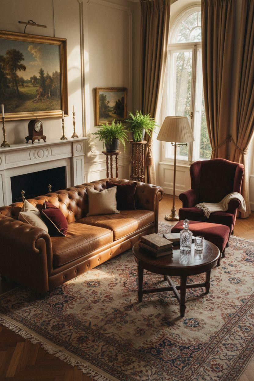 Classic furniture living room with traditional camel sofa and vintage rug