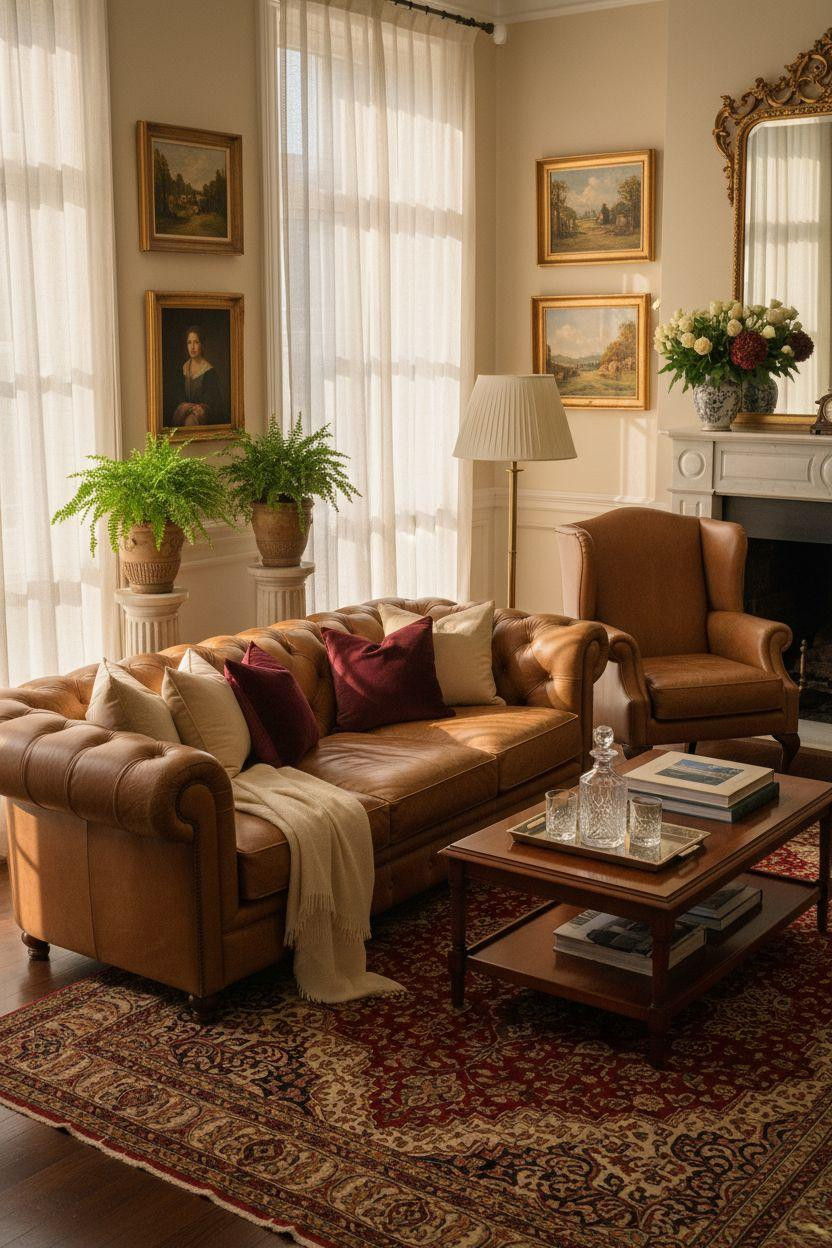 Classic furniture living room with camel leather Chesterfield and brass details