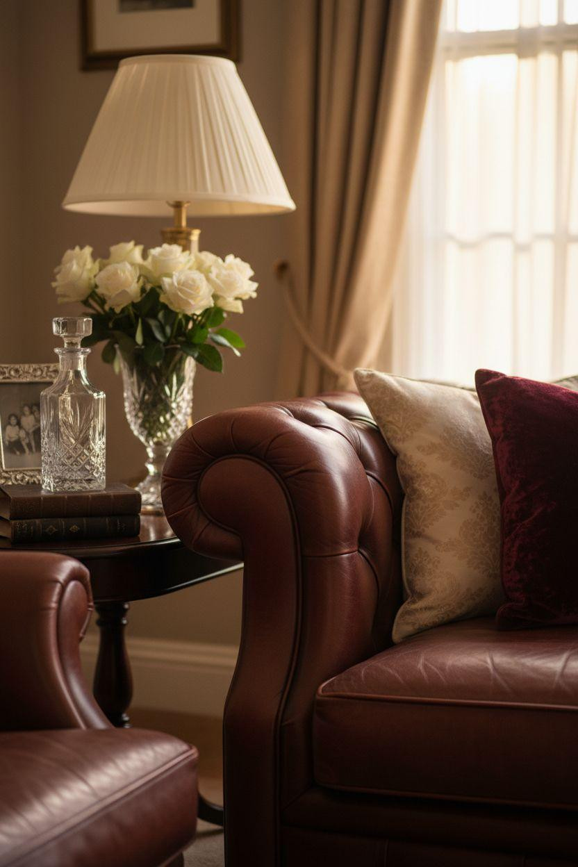 Classic furniture living room closeup of mahogany arm and burgundy cushions