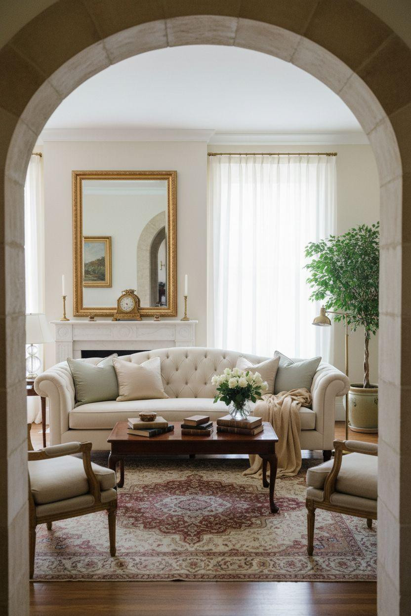 Classic furniture living room seen through arched doorway with cream sofa