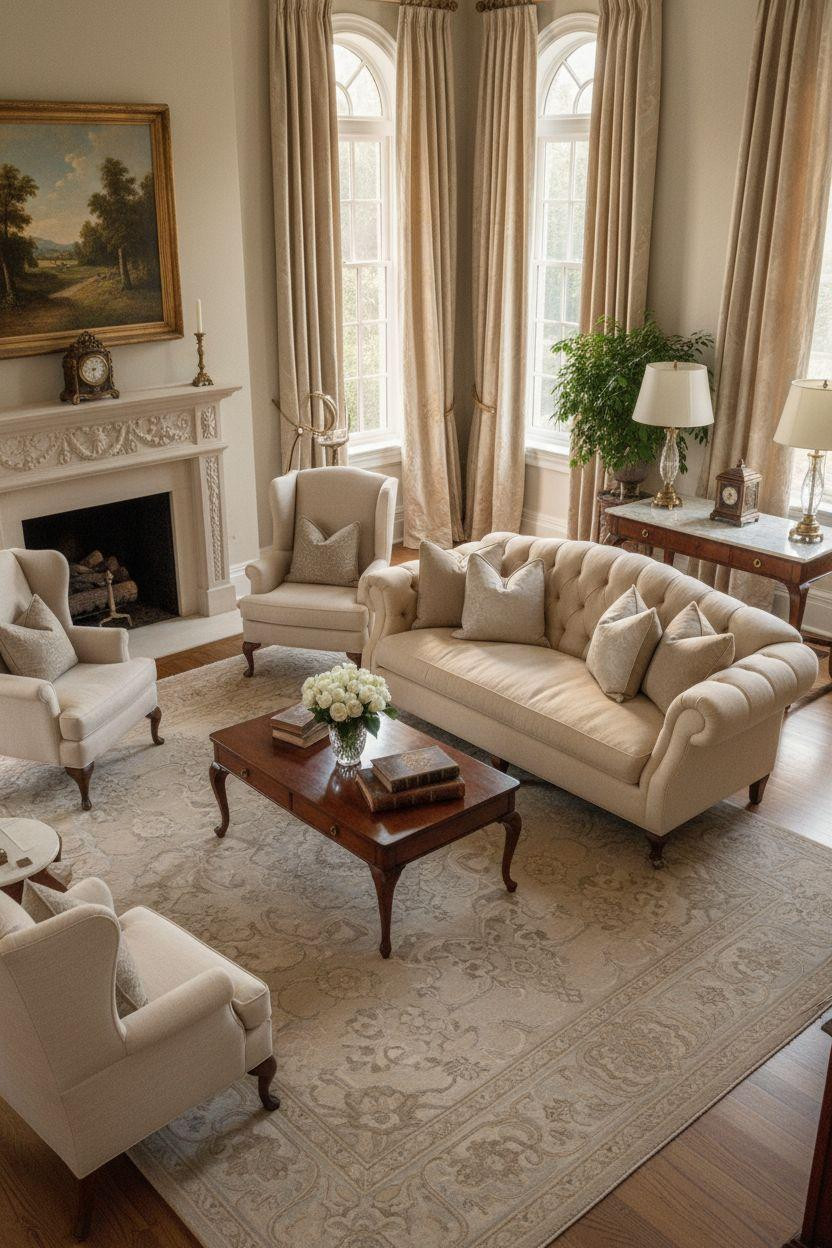Classic furniture living room with camelback sofa and neutral palette