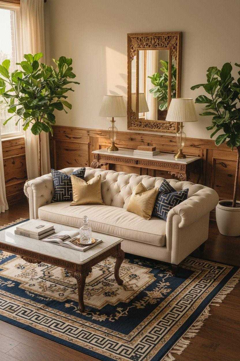 Classic furniture living room with cream sofa and geometric navy cushions