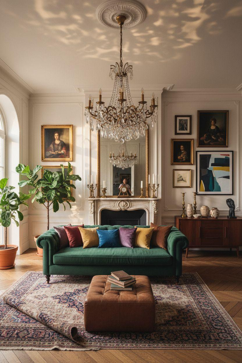 Classic furniture living room with grand chandelier and emerald sofa