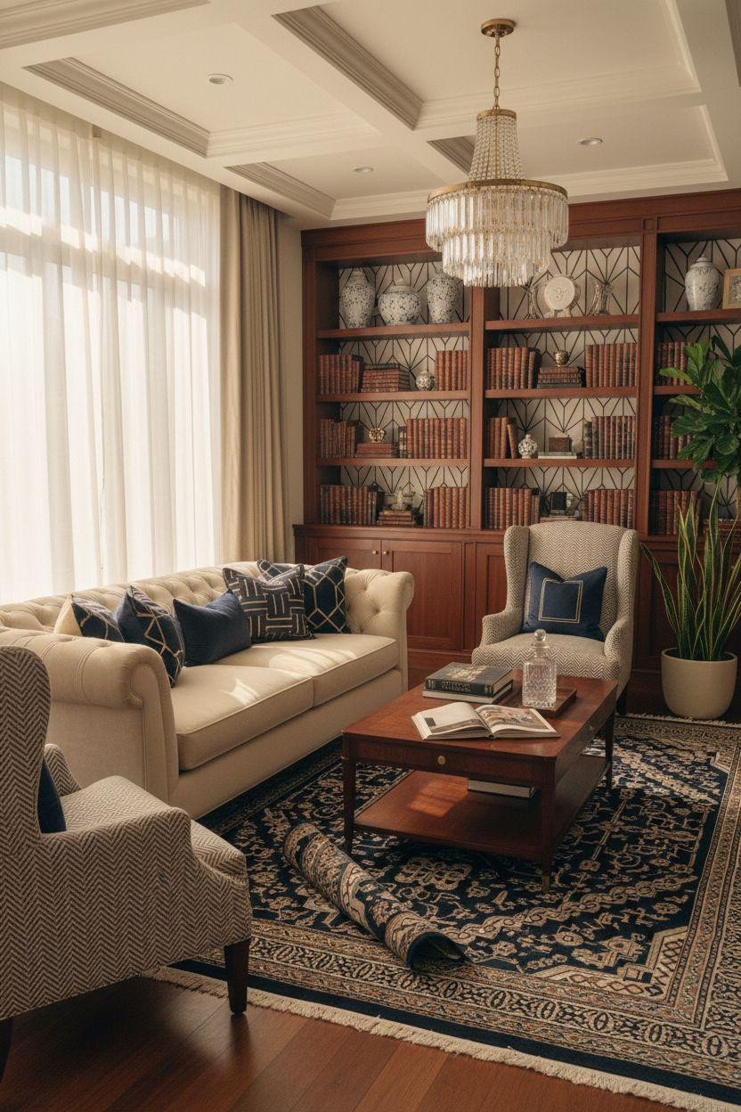 Classic furniture living room with geometric patterns and cream Chesterfield