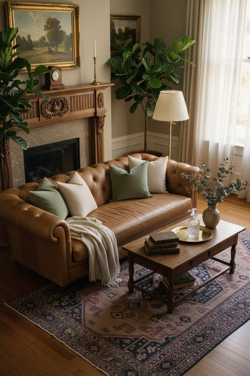 Classic furniture living room with camel leather sofa and vintage touches