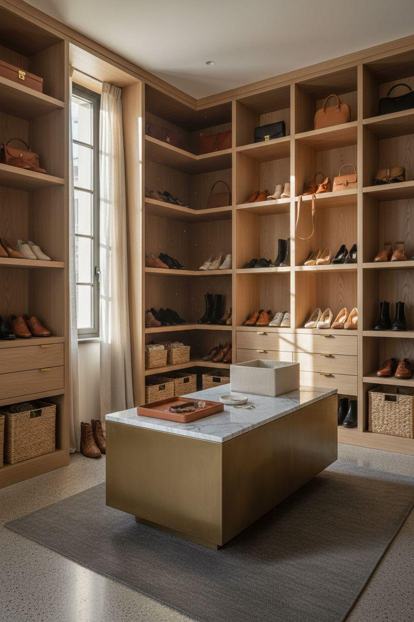 Closet Shoe Storage showing full walnut wall system with brass-topped center island
