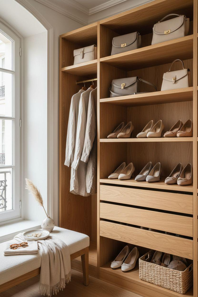 Closet Shoe Storage with clean white oak shelves displaying neutral footwear