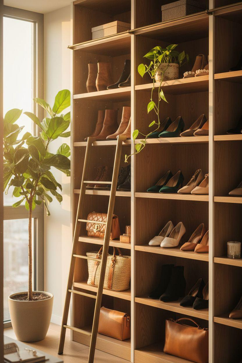 Closet Shoe Storage with warm oak modular cubbies and rolling ladder