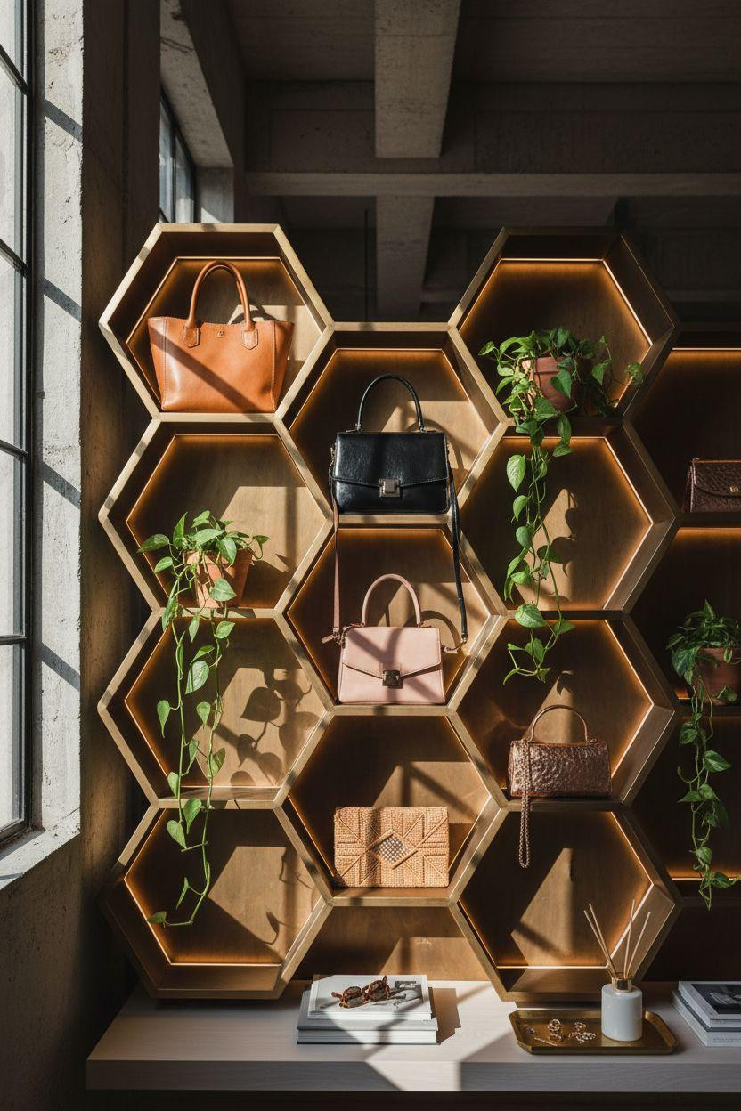 Closet Shoe Storage featuring geometric brass honeycomb shelving with luxury bags