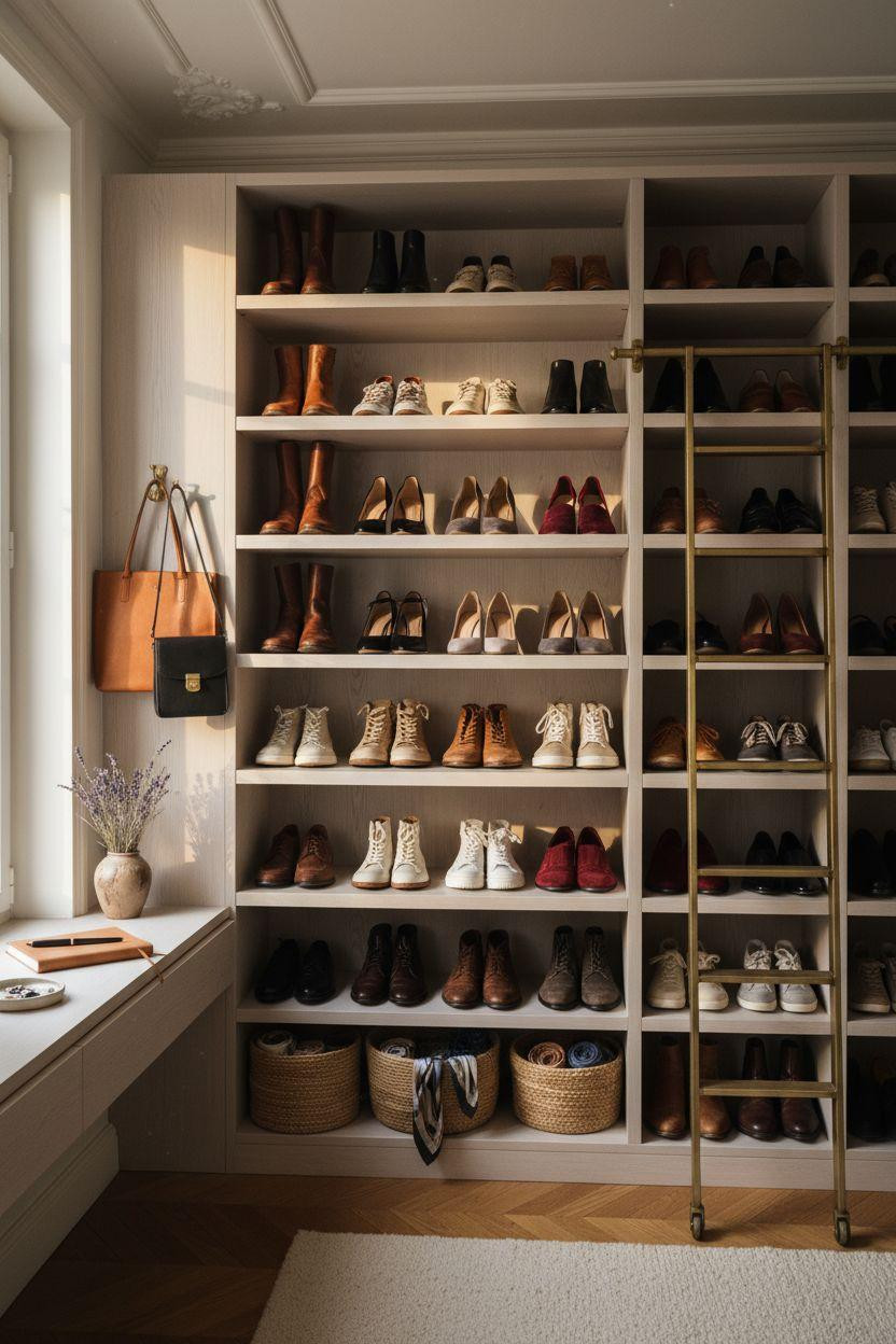 Closet Shoe Storage with open white oak shelving displaying luxury footwear