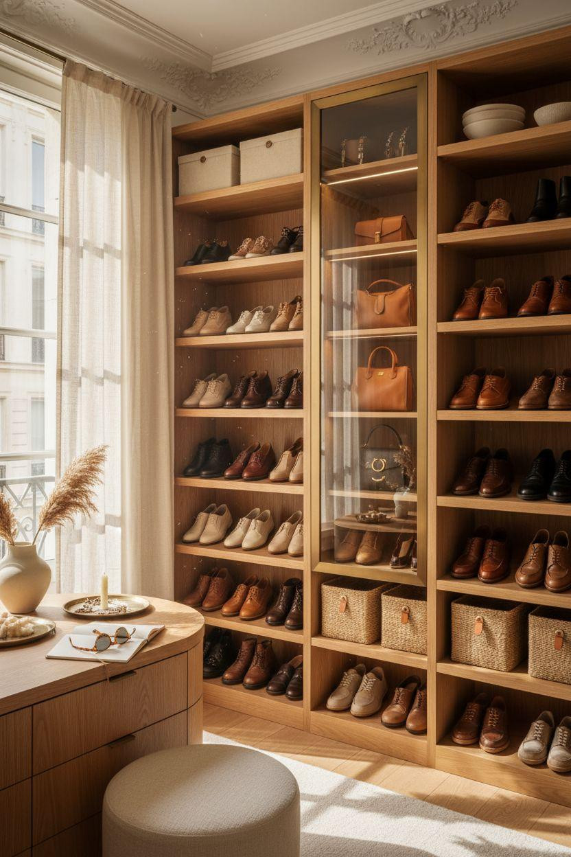 Closet Shoe Storage mixing open oak shelves with glass-front display cases