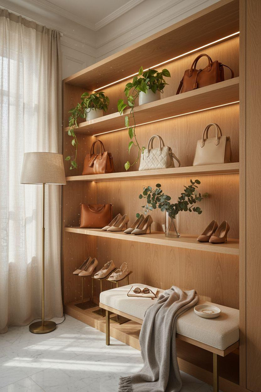 Closet Shoe Storage featuring white oak shelves with hanging plants and designer bags