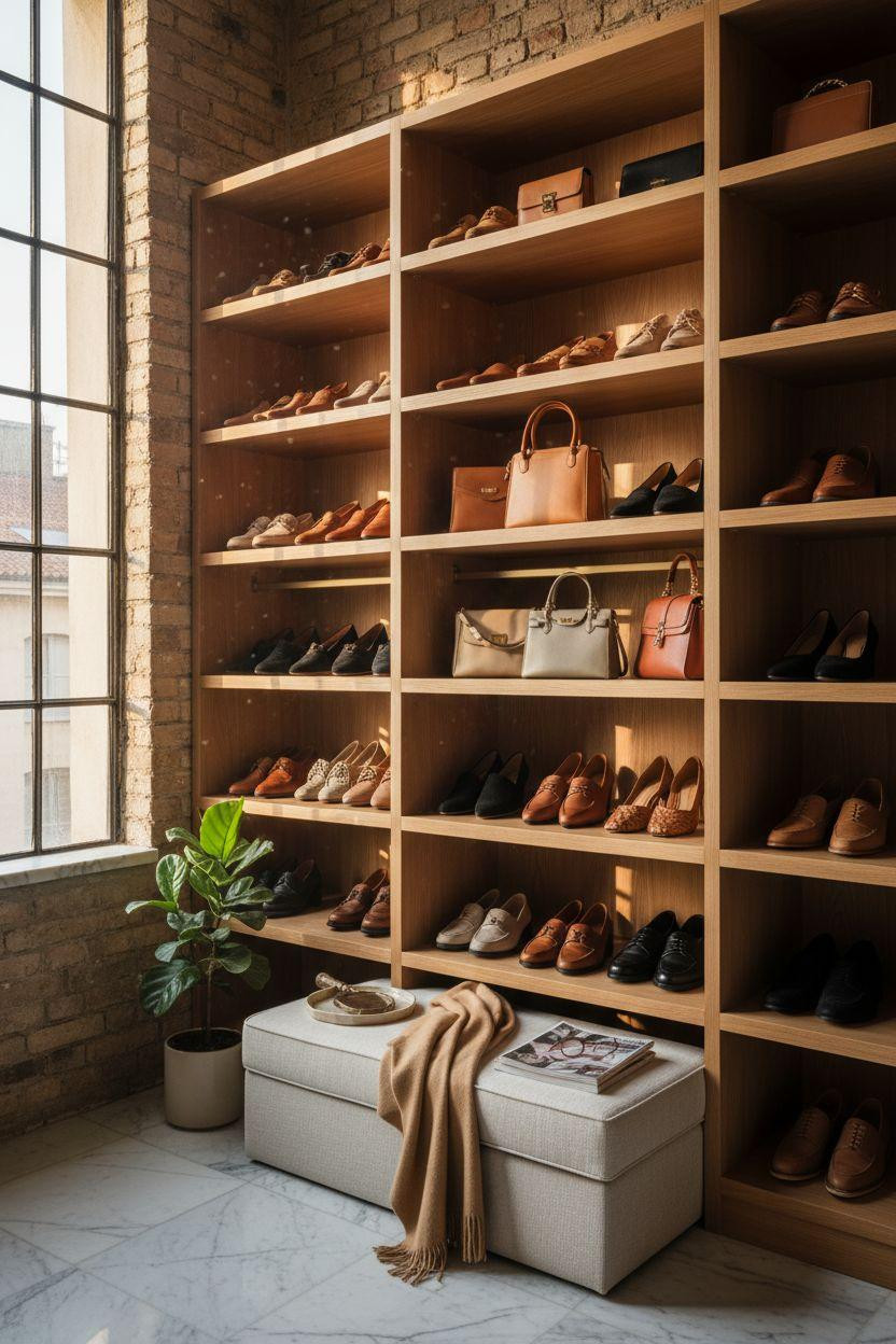 Closet Shoe Storage combining white oak shelves with exposed brick and steel windows