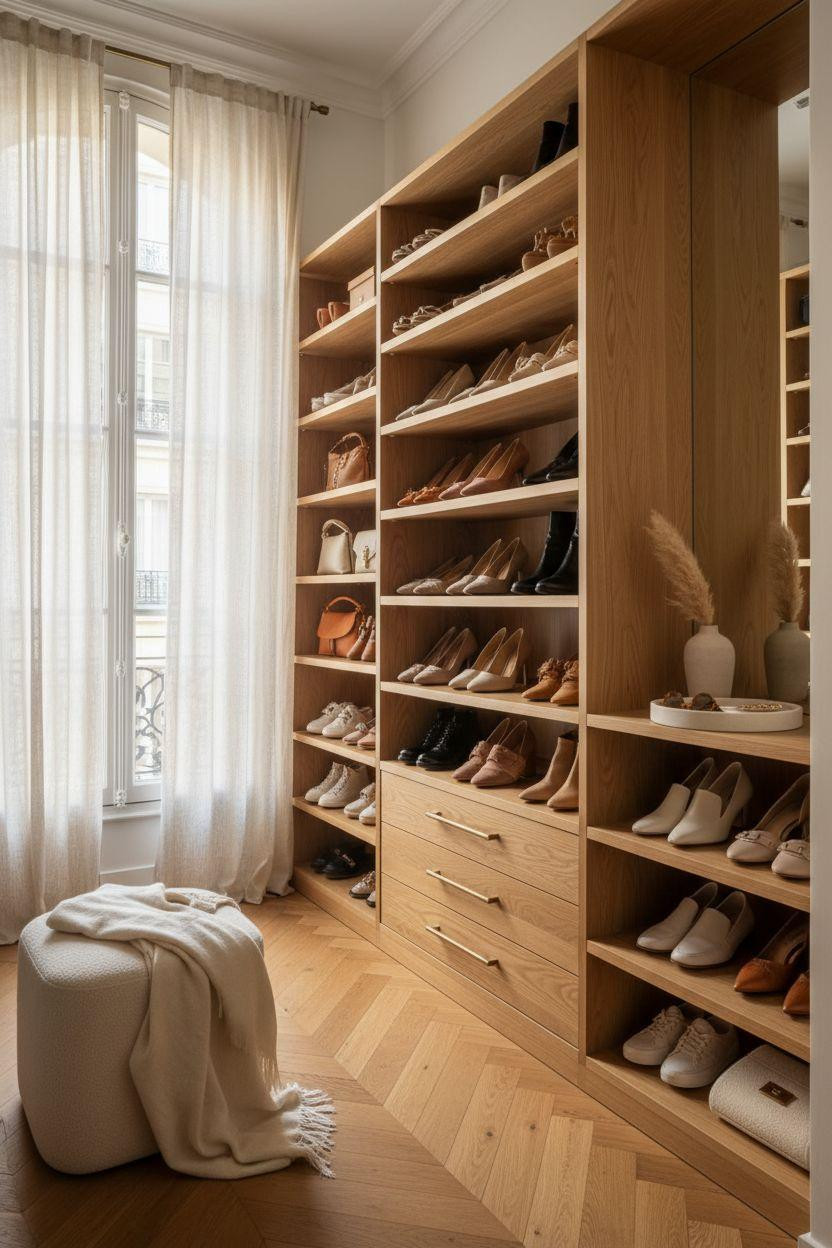 Closet Shoe Storage with dramatic side lighting on floor-to-ceiling oak shelves