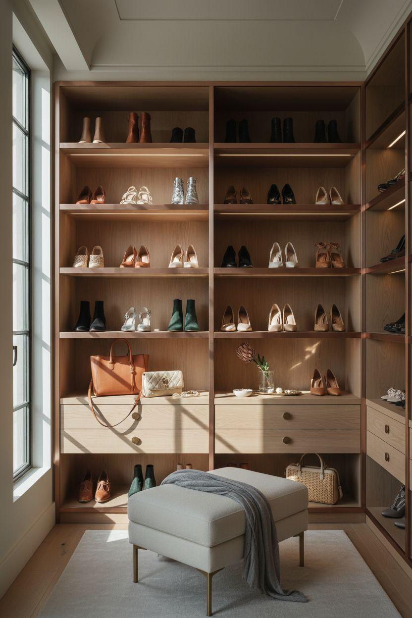 Closet Shoe Storage with rose gold shelf edges along white oak wall