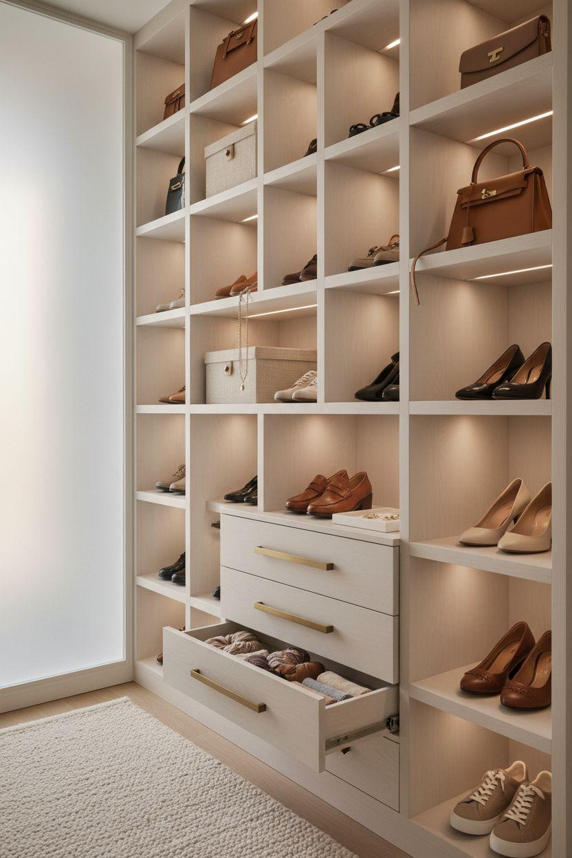 Closet Shoe Storage featuring geometric white oak cubbies in staggered pattern