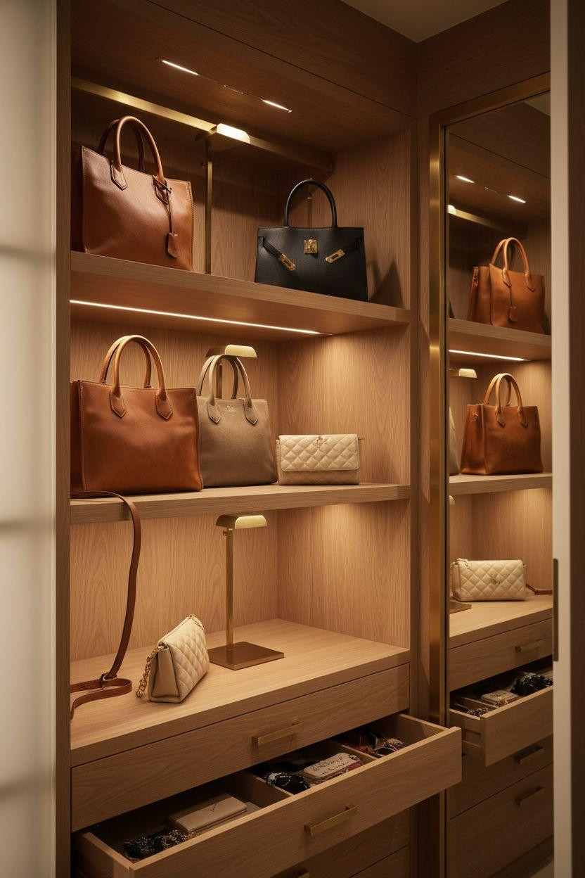 Closet Shoe Storage focusing on handbag display with brass stands and white oak shelving