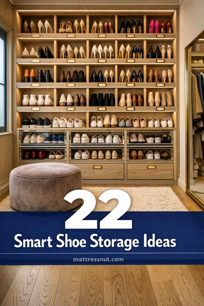 Walk-in closet with white oak built-in shelving cubbies displaying organized shoes by color, pull-out drawers, brass accents, greige walls, LED lighting, and taupe velvet ottoman