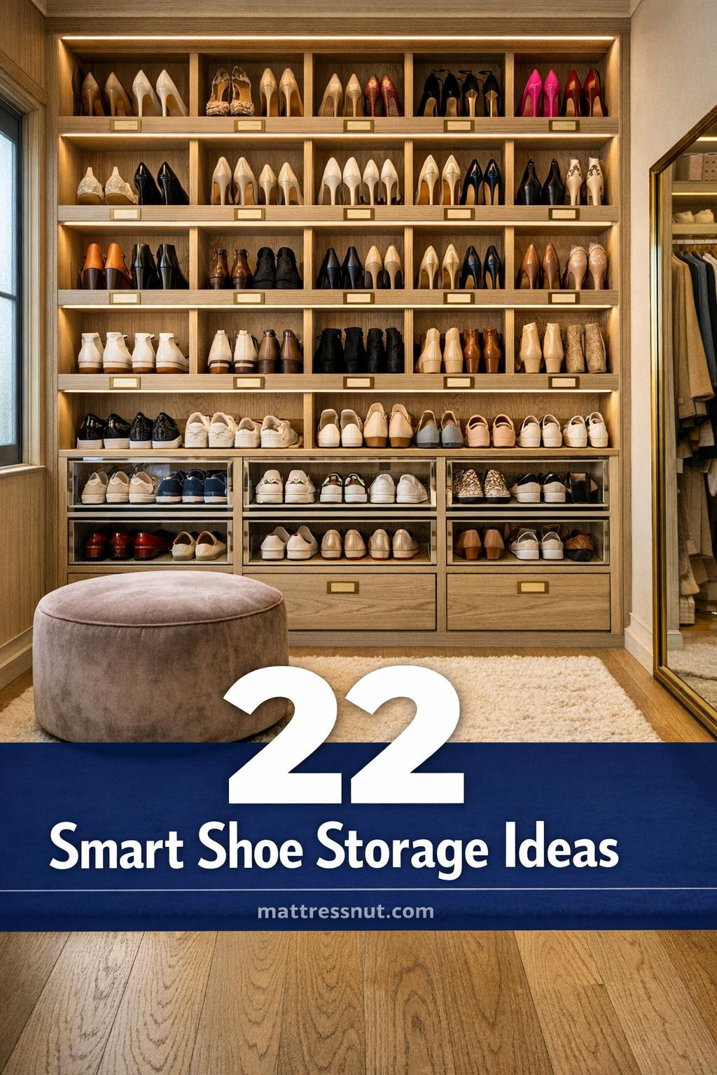 Walk-in closet with white oak built-in shelving cubbies displaying organized shoes by color, pull-out drawers, brass accents, greige walls, LED lighting, and taupe velvet ottoman