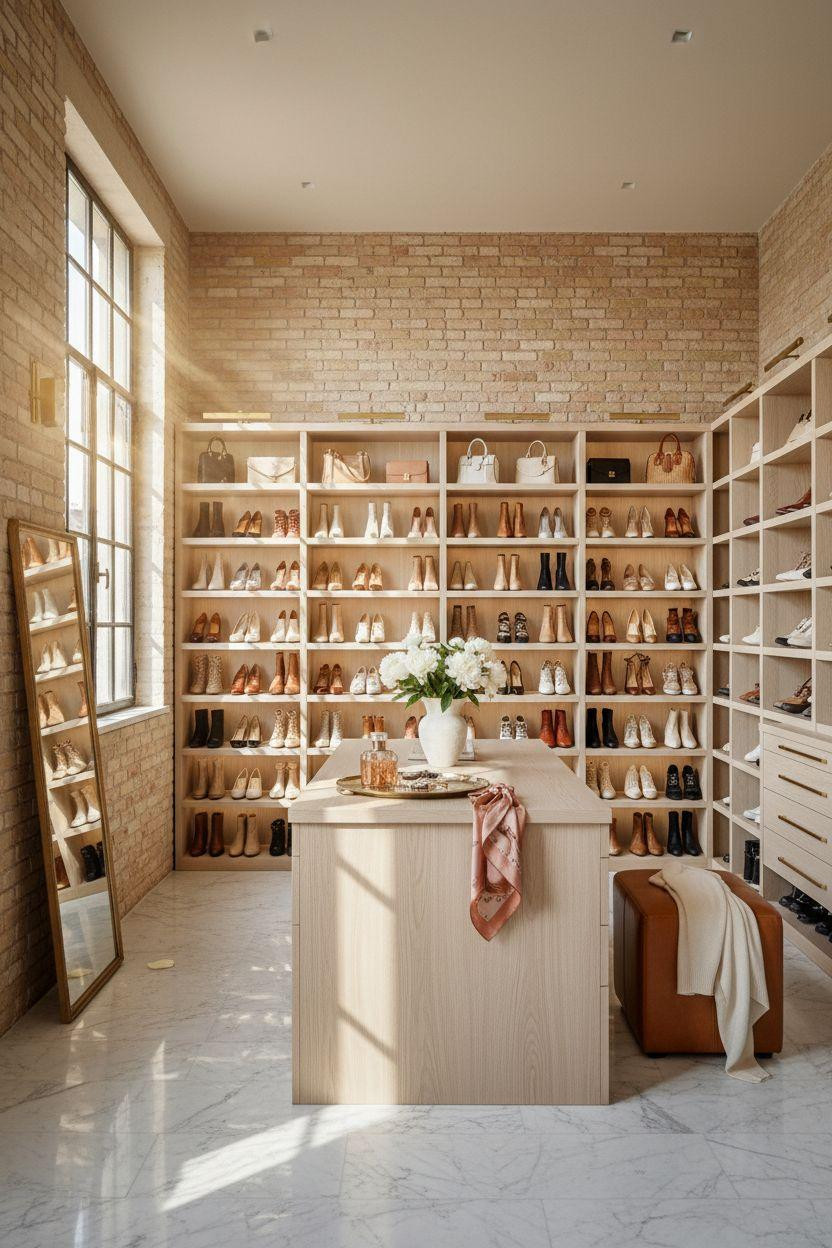 Closet Shoe Storage featuring architectural white oak with brass vanity trays
