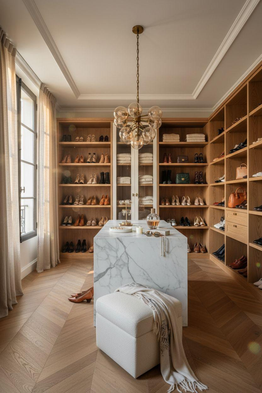 Closet Shoe Storage with expansive marble island and statement brass chandelier