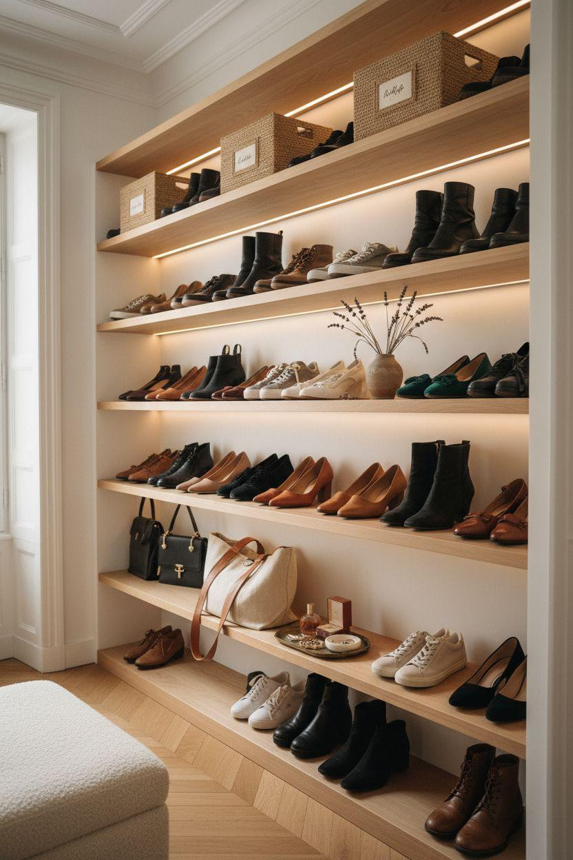 Closet Shoe Storage with white oak shelves and brass hooks holding designer bags
