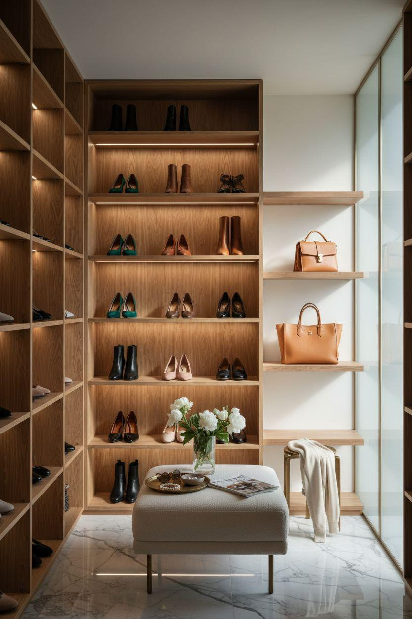 Closet Shoe Storage with emerald velvet shoes on glass shelves with rose gold accents