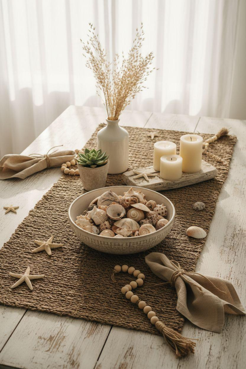 Dining room table centerpiece ideas with coastal shell and driftwood styling