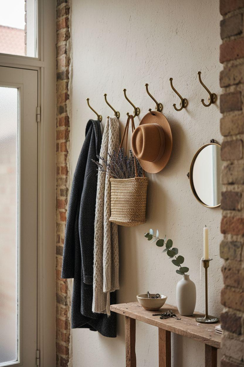 Coat Rack Entryway with vintage European details and aged wood