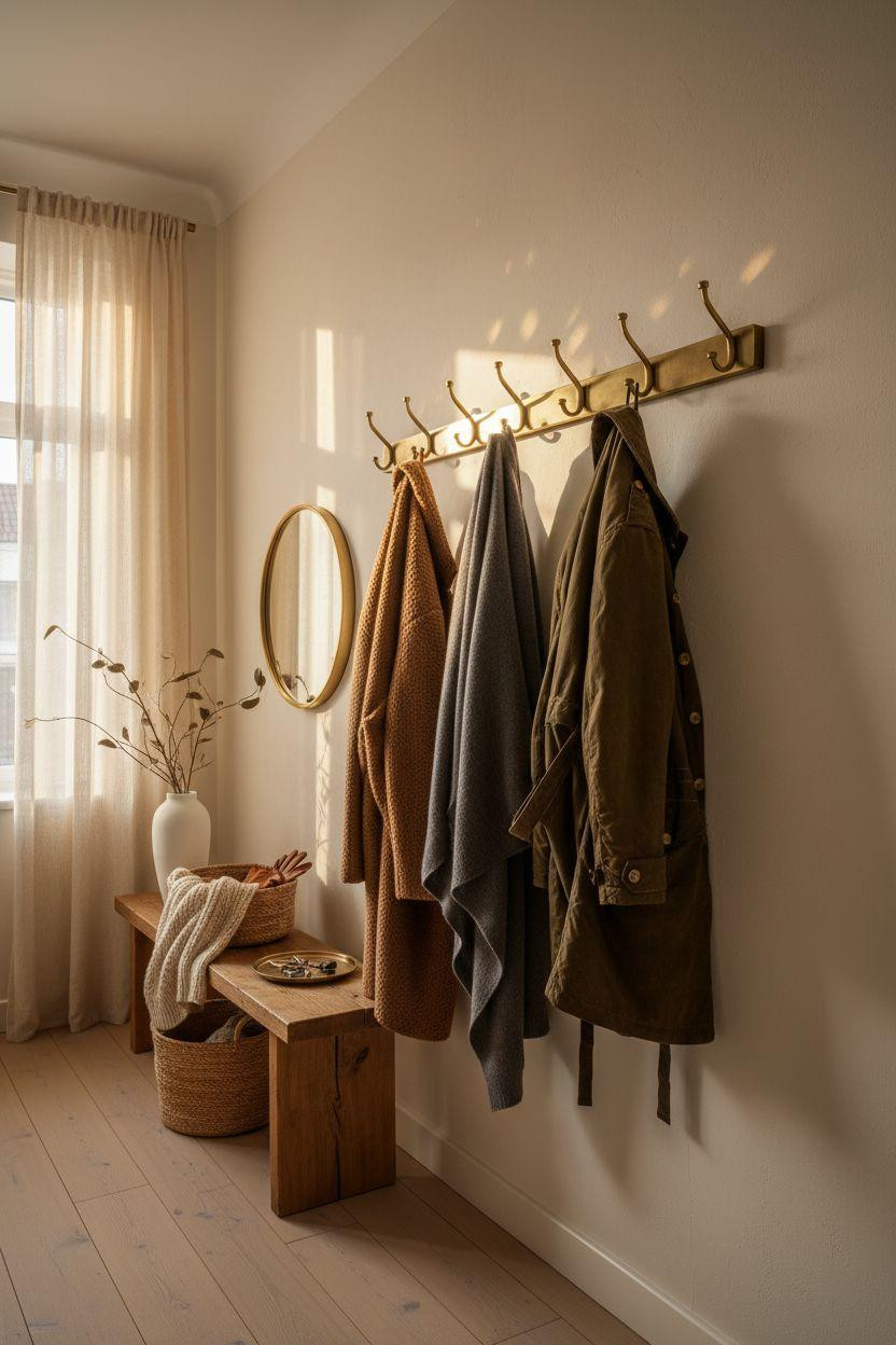 Coat Rack Entryway with vintage brass hooks and cream plaster